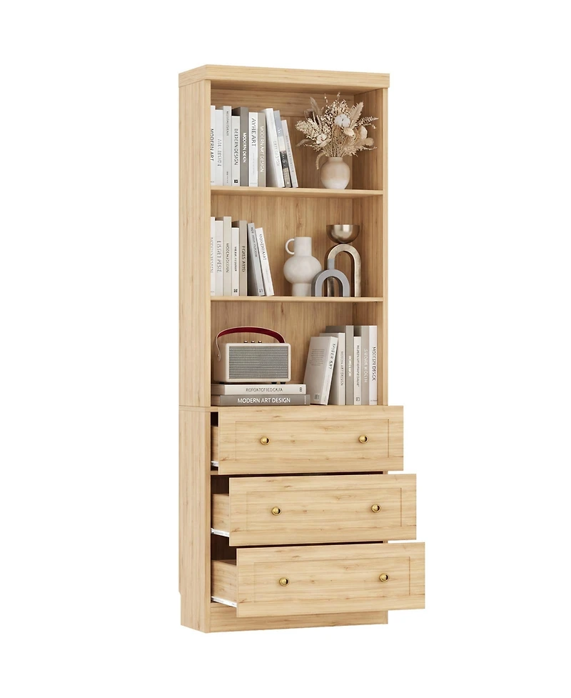 Aheaplus 80" Storage Cabinet with 3 Drawers and Open Shelves, Wooden Bookcase
