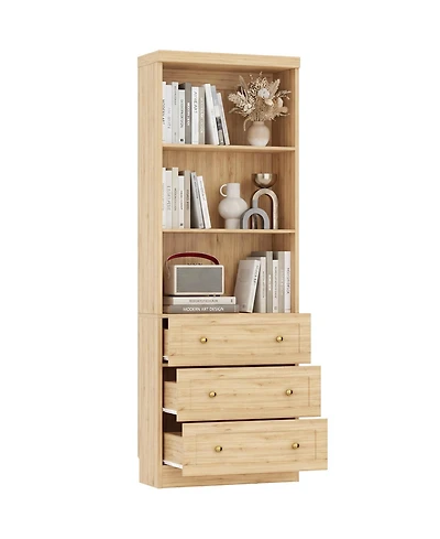 Aheaplus 80" Storage Cabinet with 3 Drawers and Open Shelves, Wooden Bookcase