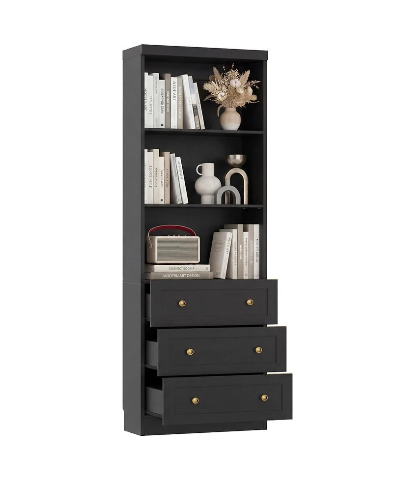 Aheaplus 80" Storage Cabinet with 3 Drawers and Open Shelves, Wooden Bookcase