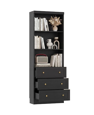 Aheaplus 80" Storage Cabinet with 3 Drawers and Open Shelves, Wooden Bookcase