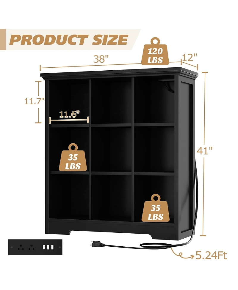 Aheaplus 9 Cube Bookshelf with Charging Station, Floor Cubby Toy Organizer