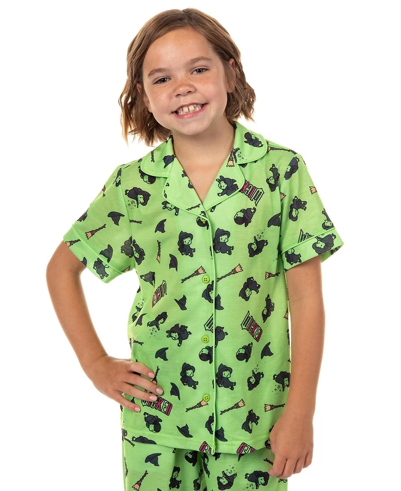 Wicked Girl's (6-16) Elphaba Pajamas Chibi Broom Hat Design Button Up Shirt and Pants Pajama Set