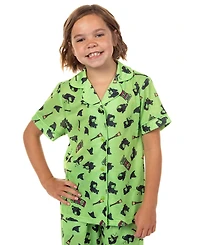 Wicked Girl's (6-16) Elphaba Pajamas Chibi Broom Hat Design Button Up Shirt and Pants Pajama Set