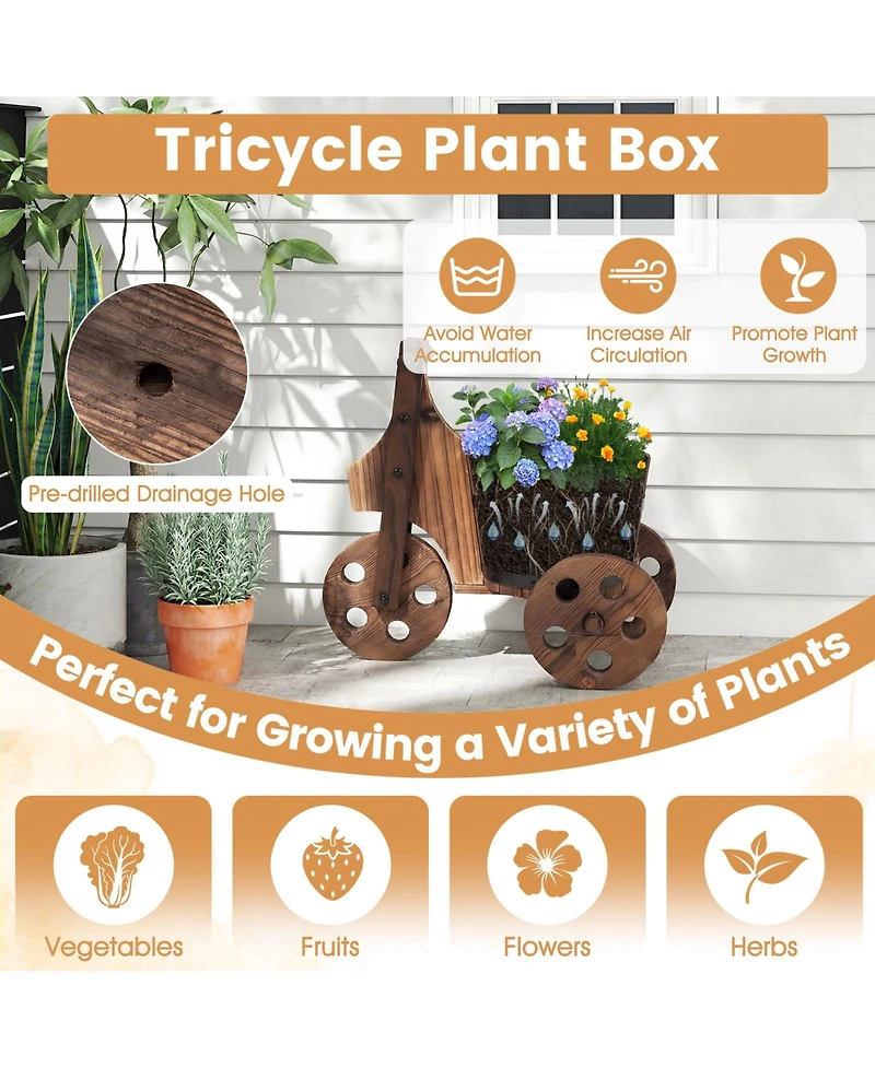 Costway Rustic Wood Tricycle Planter with Barrel Pot and Drainage for Patio