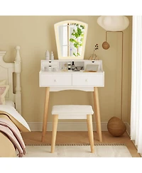 Costway Vanity Desk Set with Lighted Mirror 3-Color Adjustable Led Lights Drawers