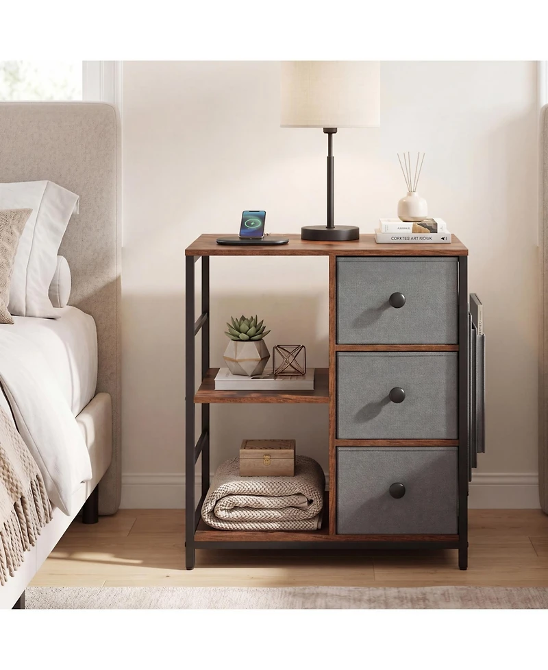 Slickblue Nightstand with Charging Station Open Shelves Industrial End Table