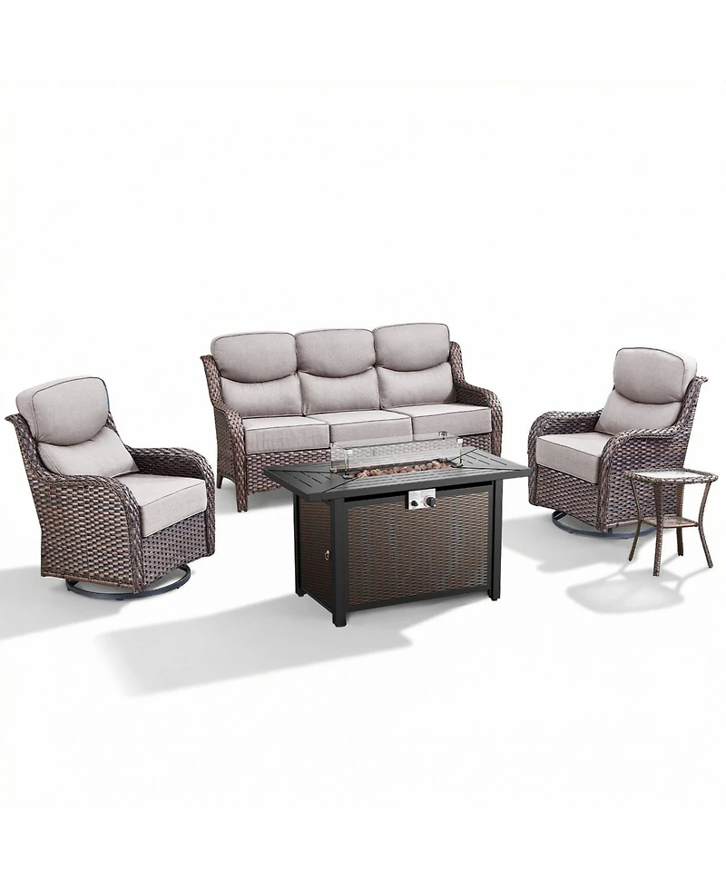 Pocassy Luxury Patio Furniture Set with 6-inch Thick Cushion, Outdoor Fire Pit Table, Swivel Chairs, Side Sofa