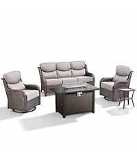 Pocassy Luxury Patio Furniture Set with 6-inch Thick Cushion, Outdoor Fire Pit Table, Swivel Chairs, Side Sofa