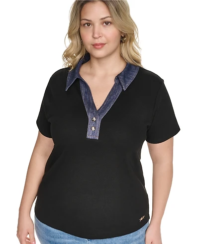 Karl Lagerfeld Paris Plus Collared Short Sleeve Pull-On Top