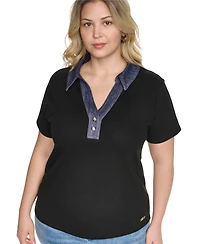 Karl Lagerfeld Paris Plus Collared Short Sleeve Pull-On Top