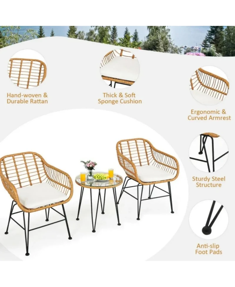 Yiortwo Rattan Patio Furniture Set Cushioned Chairs with Glass Table