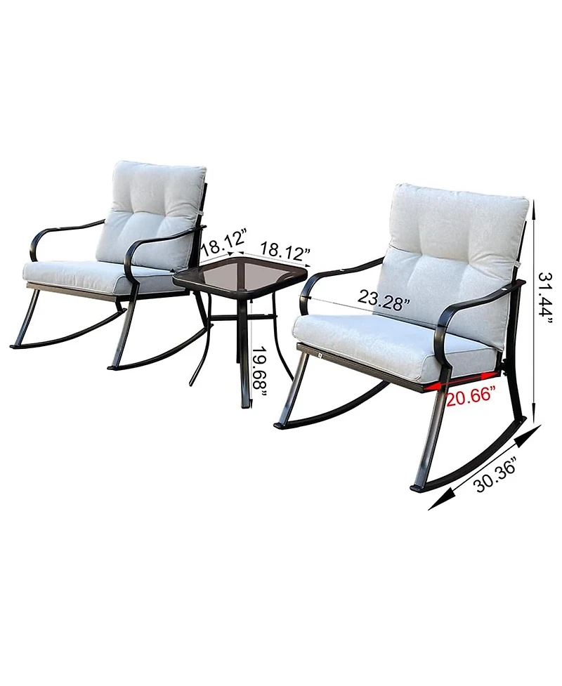 Yiortwo 3 Piece Patio Rocking Chair Set with Cushioned Rockers and Glass Top Side Table