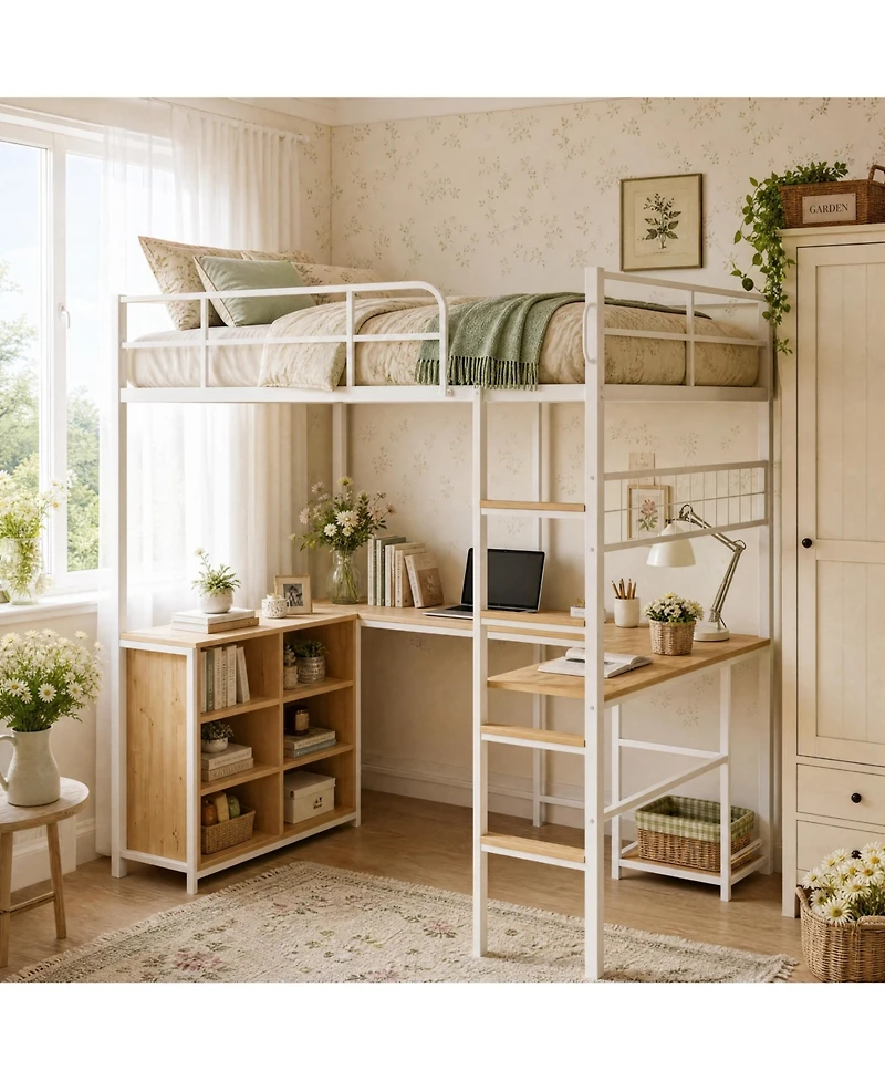 homfan Loft Bed with Metal Frame Large Desk Surface, Open Baskets, Pc Stand, Elevated, Durable, Sturdy, Compact Bed for Rooms