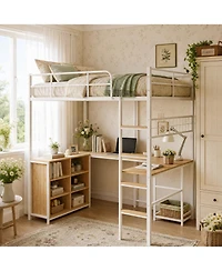 homfan Loft Bed with Metal Frame Large Desk Surface, Open Baskets, Pc Stand, Elevated, Durable, Sturdy, Compact Bed for Rooms