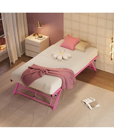 homfan Twin Sturdy Metal Pop Up Trundle Bed Frame Stand Up Design, Lockable Casters, Strong Steel Slats, Noise Free, Easy Assembly