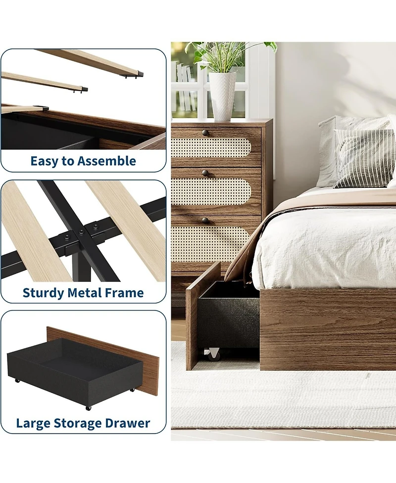 gaomon Wood Platform Bed Frame with 2 Storage Drawers, Wooden Bed Frame Without Headboard, Wood Slat Support, No Box Spring Needed