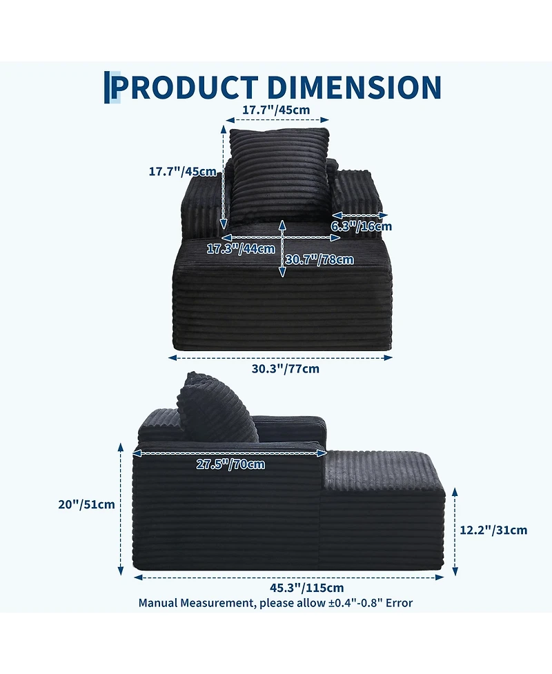 gaomon 45'' Indoor Chaise Lounge Chair Corduroy Cloud Single Couch Sofa with Deep Seat and Armrests Comfy Reading Chair Sleeper Bed