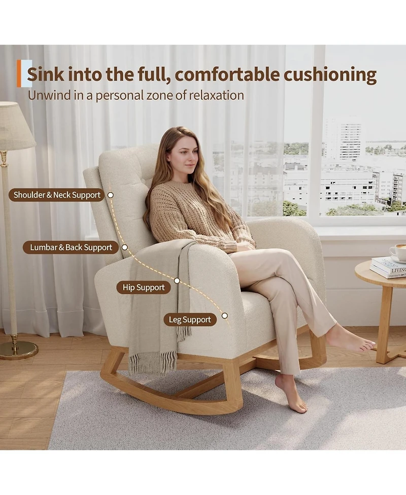 gaomon Nursery Rocking Chair, Teddy Fleece Upholstery, Sturdy Wooden Legs and High Backrest, Comfortable Glider Rocking Chair