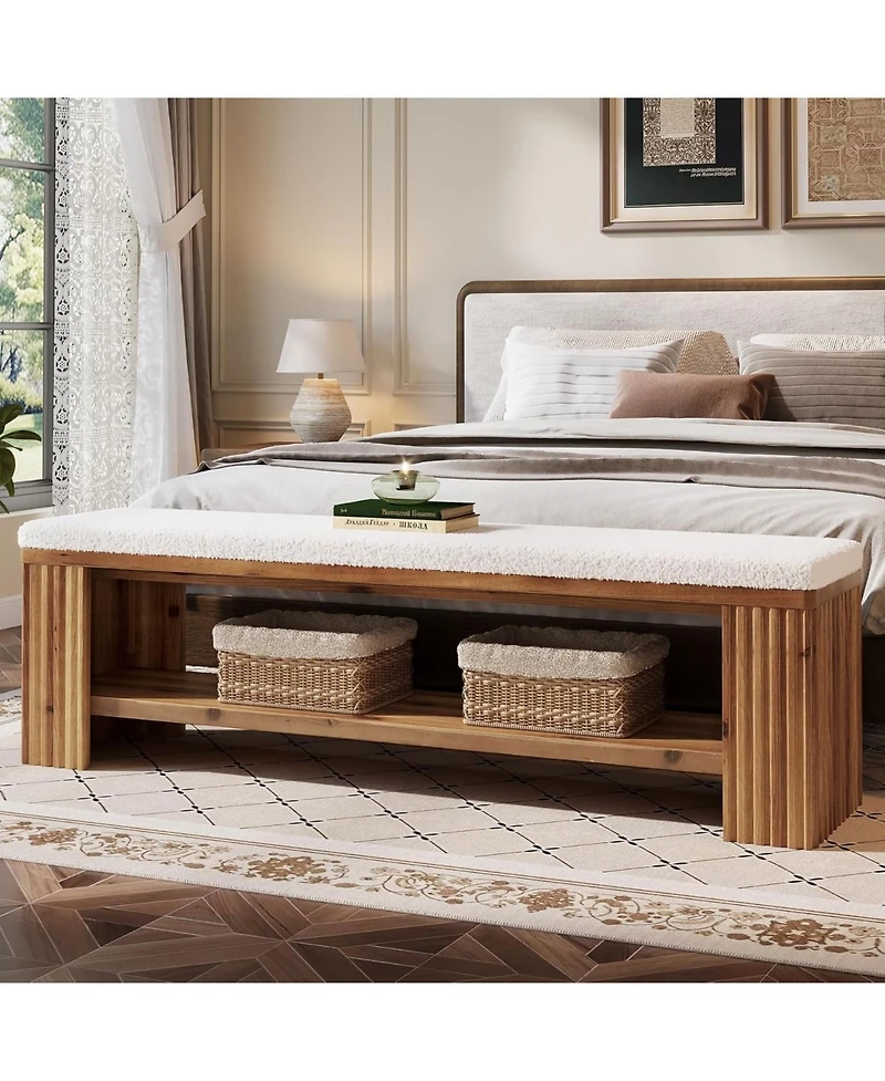 Tribesigns 63" Solid Wood Dining Bench, Farmhouse Upholstered End of Bed Bench with Removable Faux Lambswool Cushion,Indoor Long Entryway Bench