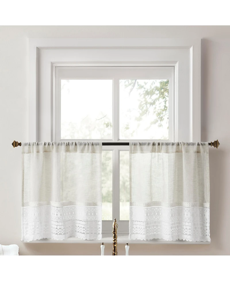 No. 918 Camille Macrame Lace Trim Sheer Rod Pocket Kitchen Curtain Tier Pair