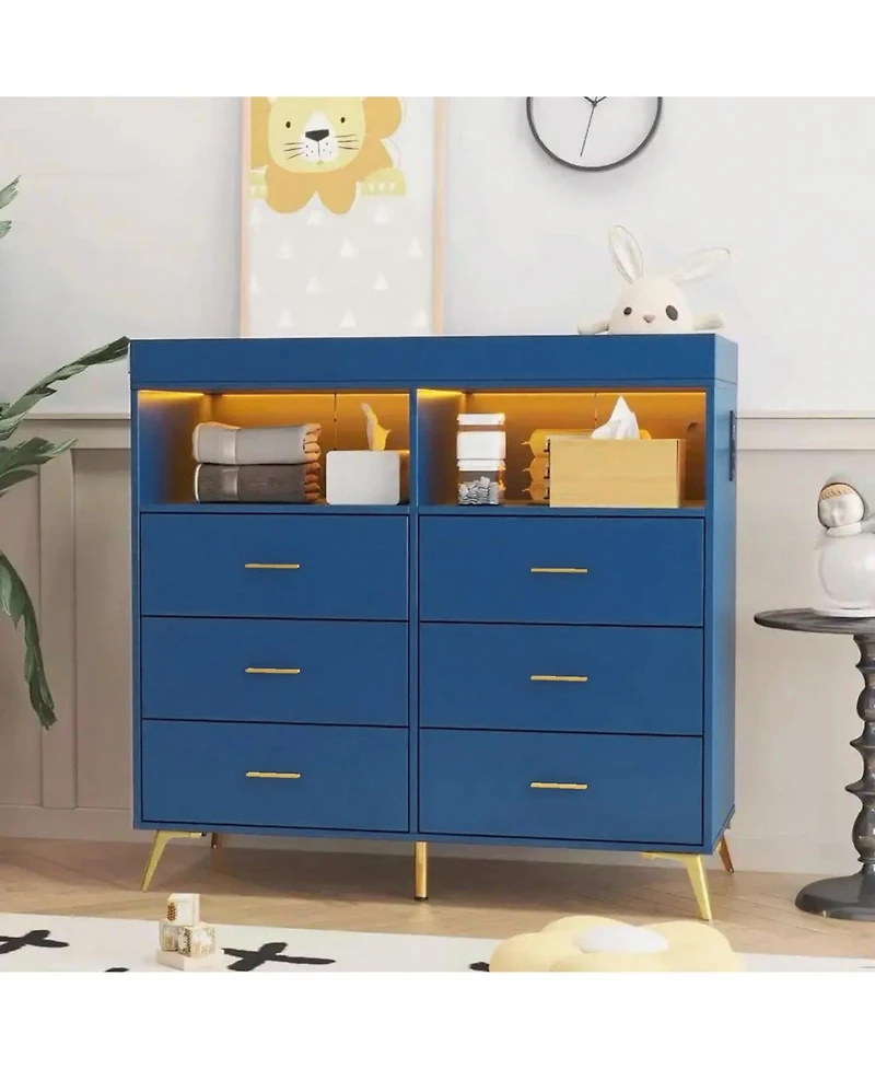 gaomon Baby Changing Table Dresser with 6 Drawers, Led Light, Charging Station and Power Outlet, Nursery Storage Organizer Pad