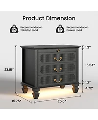 Vlsrka 25.6" Solid Wood Nightstand with 4 Drawers, Charging Station and Led Light