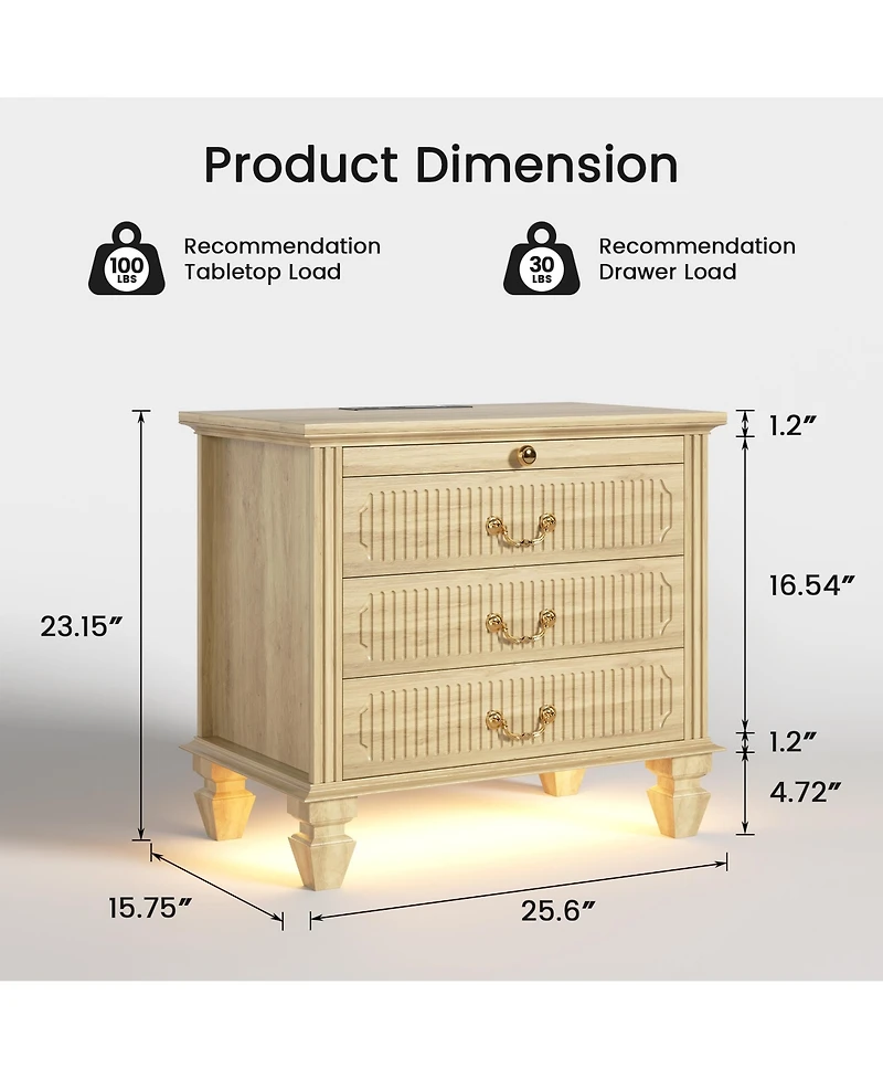 Vlsrka 25.6" Solid Wood Nightstand with 4 Drawers, Charging Station and Led Light