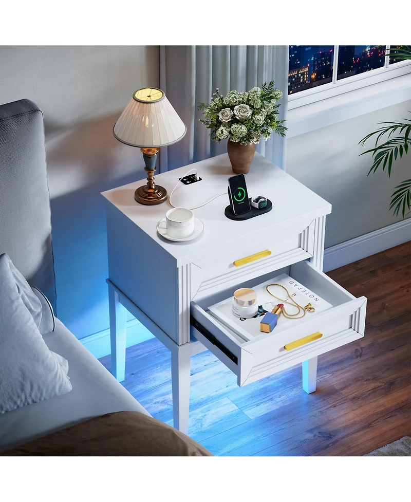 Vlsrka 25.6" H Nightstand with 2 Drawers and Charging Station, Modern Led Bedside Table