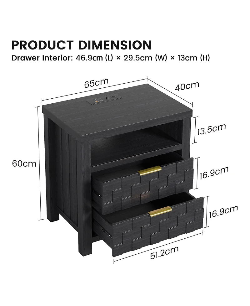 Vlsrka 25.6" Wide 2-Drawer Nightstand with Charging Station, Built-in Outlets and Usb Ports, Led Light Bedside Table, Modern Bedroom End Table