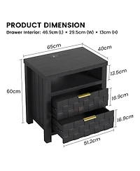 Vlsrka 25.6" Wide 2-Drawer Nightstand with Charging Station, Built-in Outlets and Usb Ports, Led Light Bedside Table, Modern Bedroom End Table