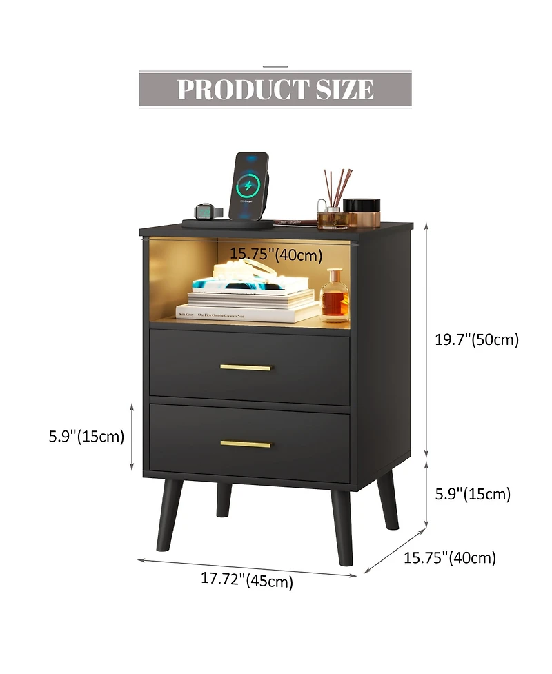 Vlsrka 25.6'' H Nightstand with Hidden Drawer, Charging Station, Usb Ports and Sensor Led Lights, Modern Bedside Table for Bedroom