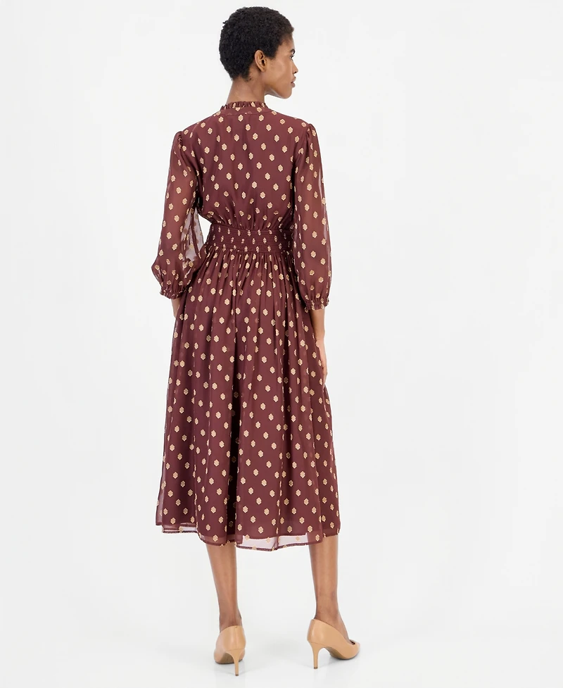 Anne Klein Women's Polka-Dot Ruffle Smocked-Waist Midi Dress
