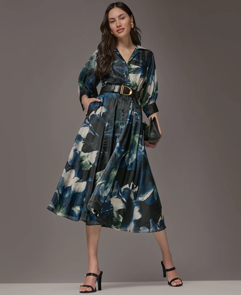 Donna Karan New York Petite Printed Belted Midi Shirt Dress