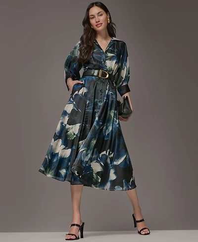 Donna Karan New York Petite Printed Belted Midi Shirt Dress