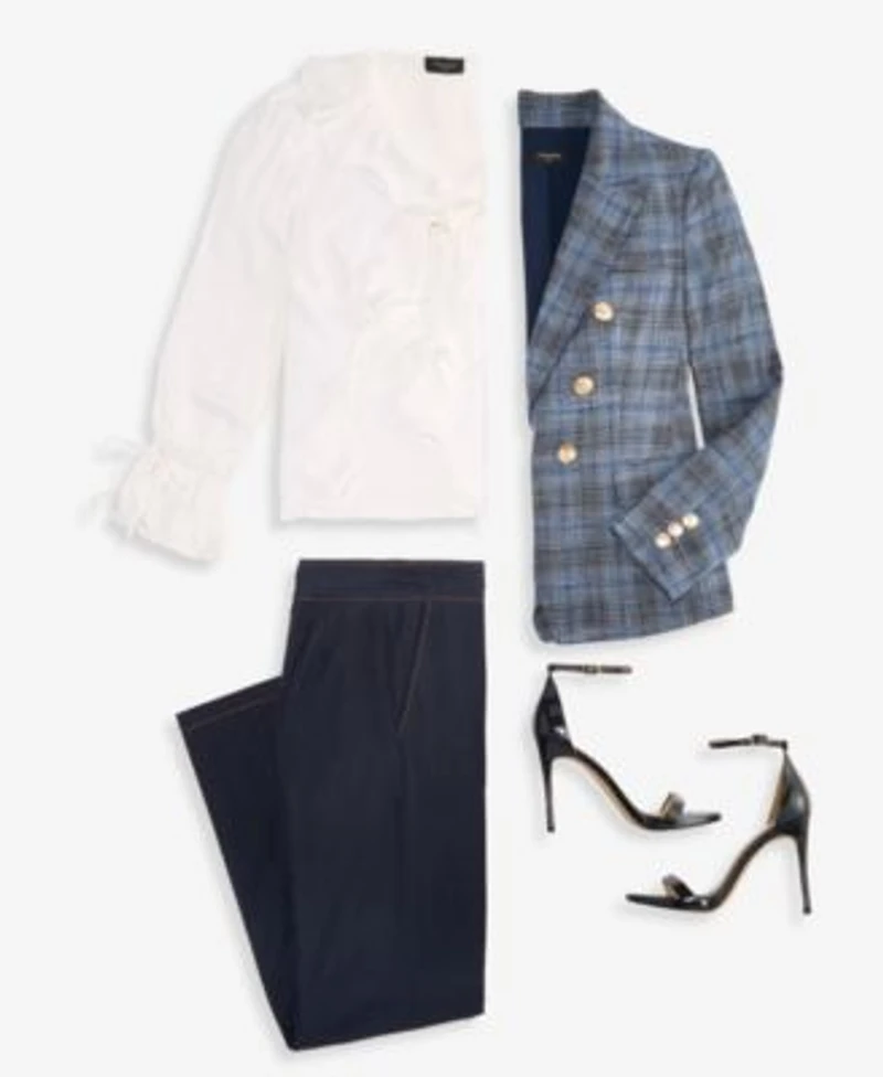 Tahari Asl Womens Plaid Double Breasted Blazer V Neck Ruffle Front Long Sleeve Blouse Wide Leg Mid Rise Denim Pants