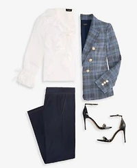 Tahari Asl Womens Plaid Double Breasted Blazer V Neck Ruffle Front Long Sleeve Blouse Wide Leg Mid Rise Denim Pants