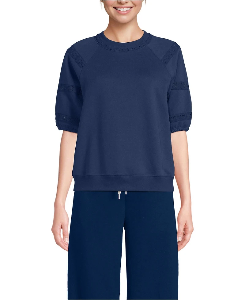 Lands' End Women's Serious Sweats Puff Lace Sleeve Sweatshirt