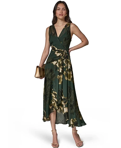 Donna Karan New York Women's Sleeveless Printed Chiffon Surplice Neck Dress