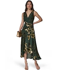 Donna Karan New York Women's Sleeveless Printed Chiffon Surplice Neck Dress