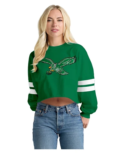 Spirit Jersey Women's Kelly Green Philadelphia Eagles Oversized Cropped Stripe Long Sleeve T-Shirt