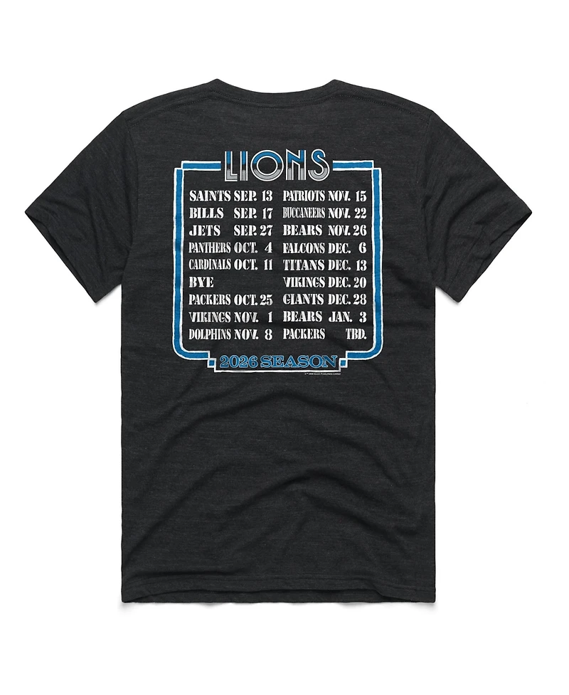 Homage Men's and Women's Charcoal Detroit Lions 2026 Nfl Schedule Queen Tri-Blend T-Shirt