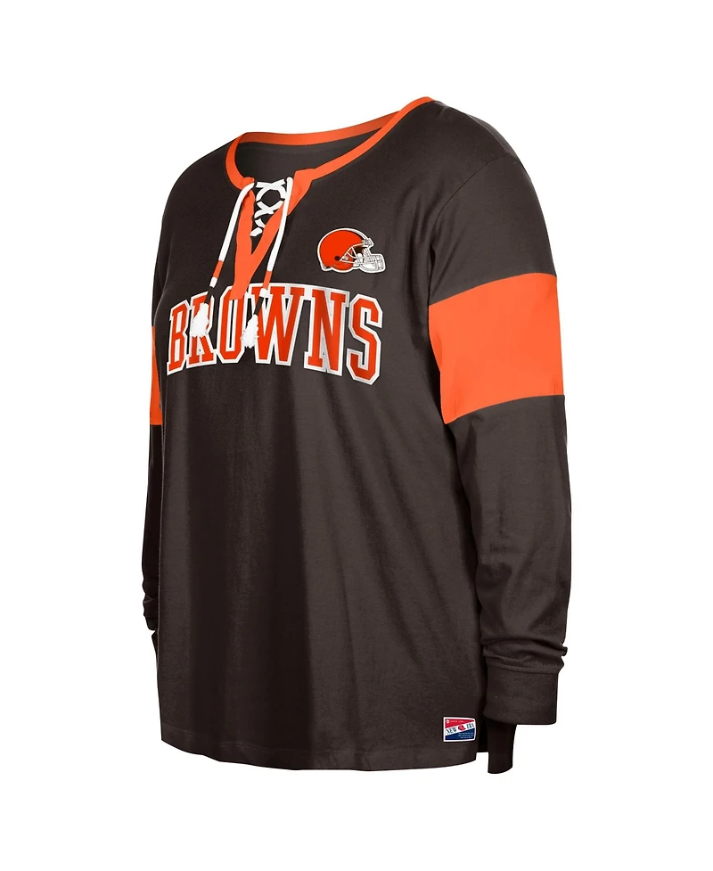 New Era Women's Brown Cleveland Browns Plus Lace-Up Notch Neck Long Sleeve T-Shirt