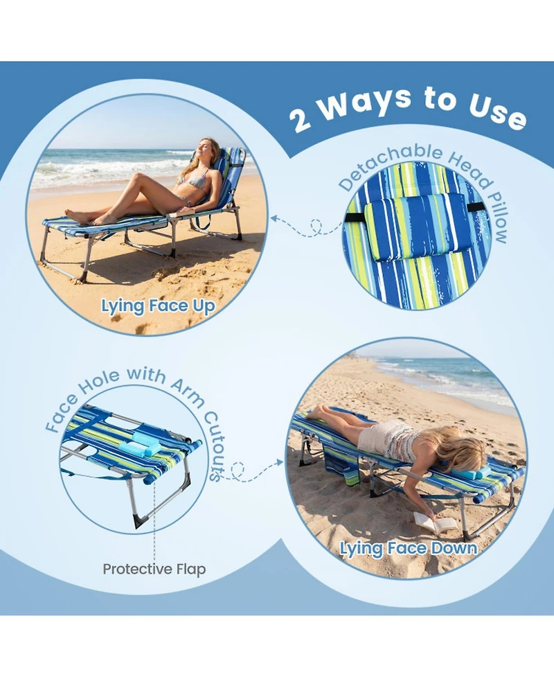 Sugift Dual-Use Portable Tanning Chair with 4-Level Recline and Removable Face Flap