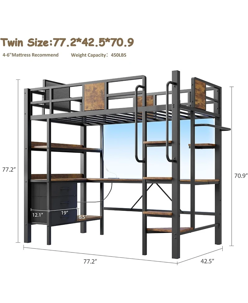 gaomon Twin Loft Bed with Desk and Stairs, Heavy Duty Rgb Led Lights, Charging Station, 3 Fabric Storage Drawers 2 Open Shelves