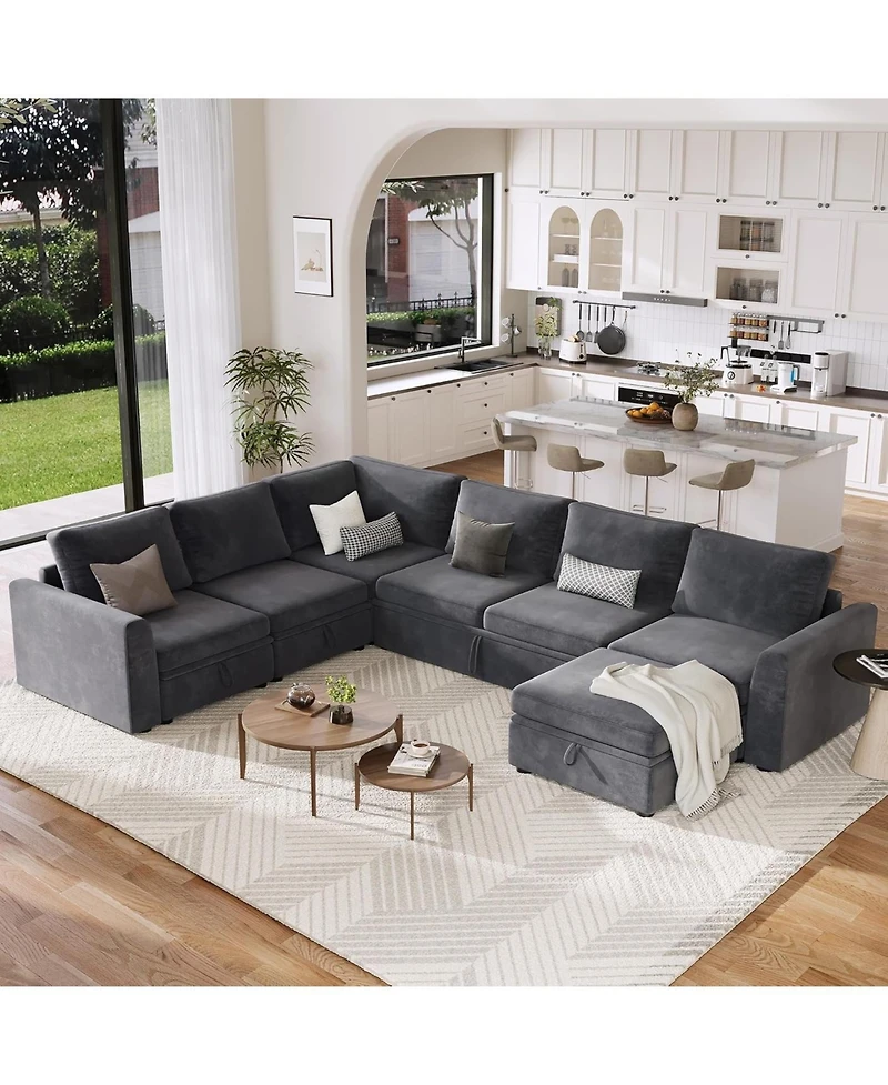 gaomon Chenille Fabric Sectional Couches with Pull-Out Bed and Large Storage for Living Room, Sturdy Wooden Frame Tool-Free Assembly