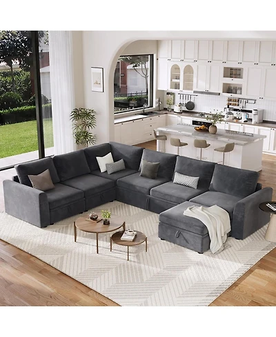 gaomon Chenille Fabric Sectional Couches with Pull-Out Bed and Large Storage for Living Room, Sturdy Wooden Frame Tool-Free Assembly