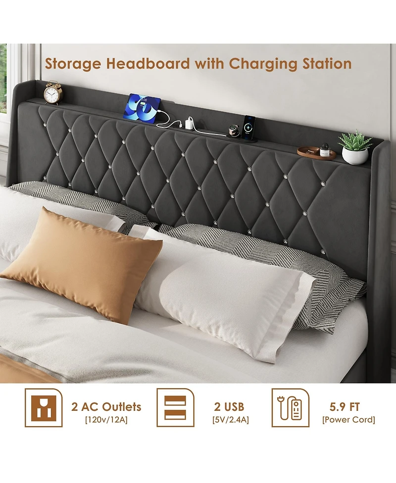 gaomon Velvet Upholstered Platform Bed Frame with Crystal Tufted Headboard, 2 Storage Drawers, Built-in Charging Station, Wood Slat Support