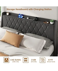 gaomon Velvet Upholstered Platform Bed Frame with Crystal Tufted Headboard, 2 Storage Drawers, Built-in Charging Station, Wood Slat Support