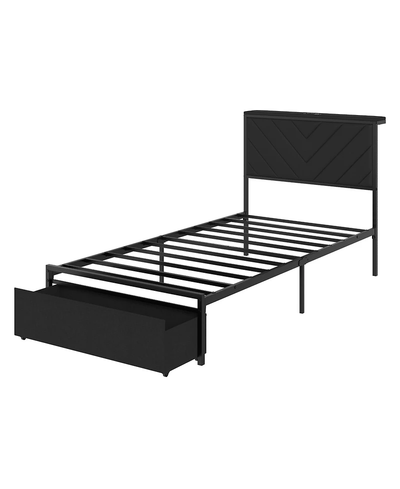 gaomon Set of 2 Twin Upholstered Metal Platform Bed Frame with Charging Station Headboard and Large Under Storage Drawers