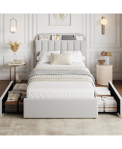 gaomon Twin Xl Bed Frame with Storage Headboard, Boucle Kids Bed Frame with 2 Drawers, Upholstered Platform Bed Frame with Bookcase